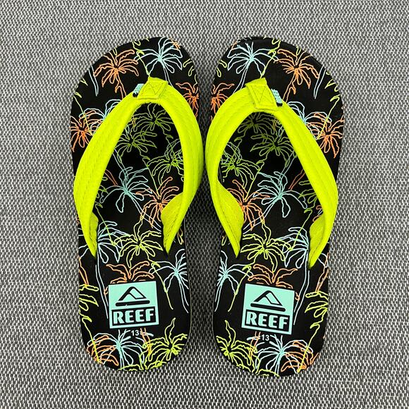REEF Kids Boys Uni Thong Flip Flop Sandals Size‎ 13 Black Green Tropical Night - Picture 1 of 7